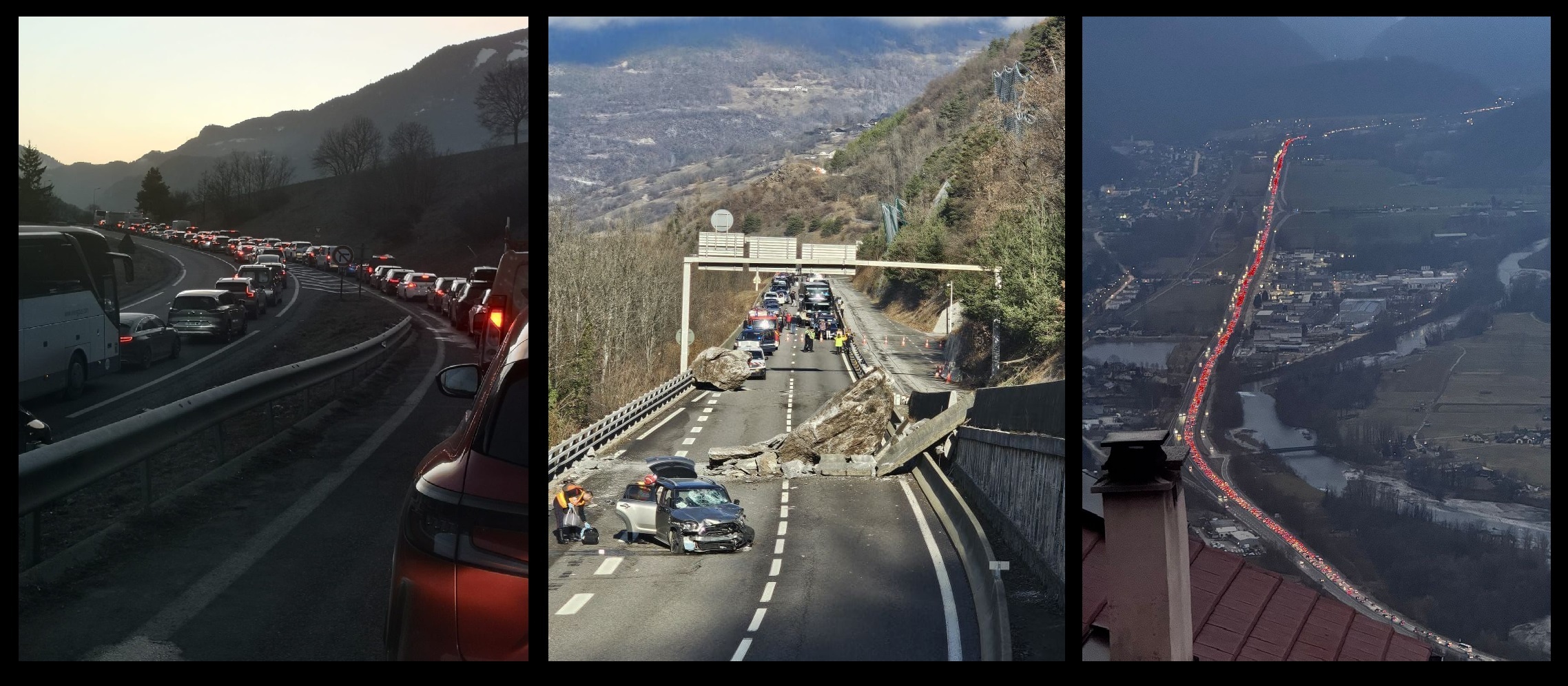 Two massive boulders fell onto the road near Moûtiers, blocking traffic Geneva to Courchevel