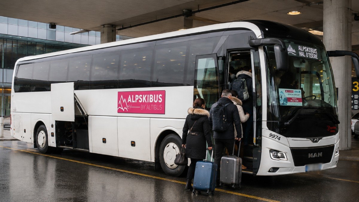 Passengers boarding a bus at Geneva Airport to go to Courchevel