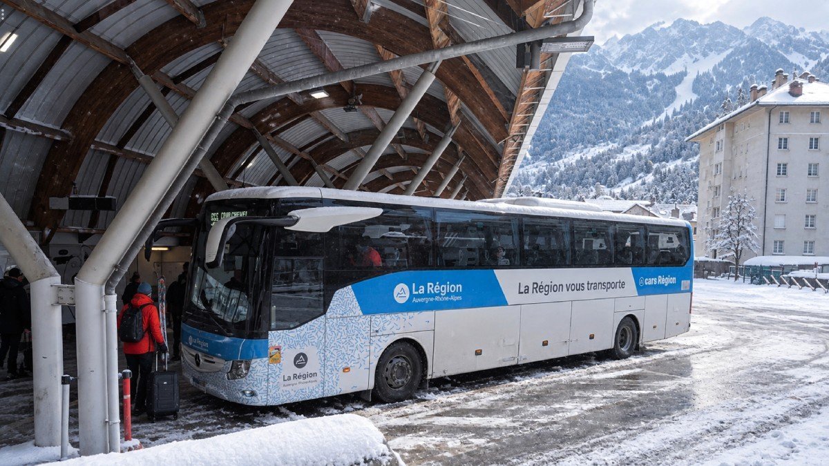 Passengers get on the S65 bus at the Moutiers stop to go to Courchevel