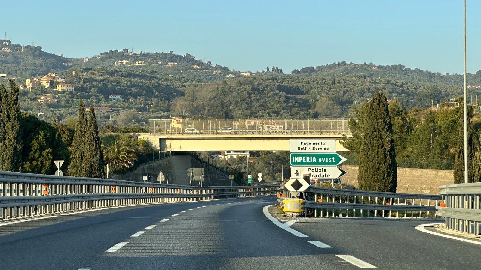 Road from Milan to Imperia – exit from the E80 motorway to Imperia