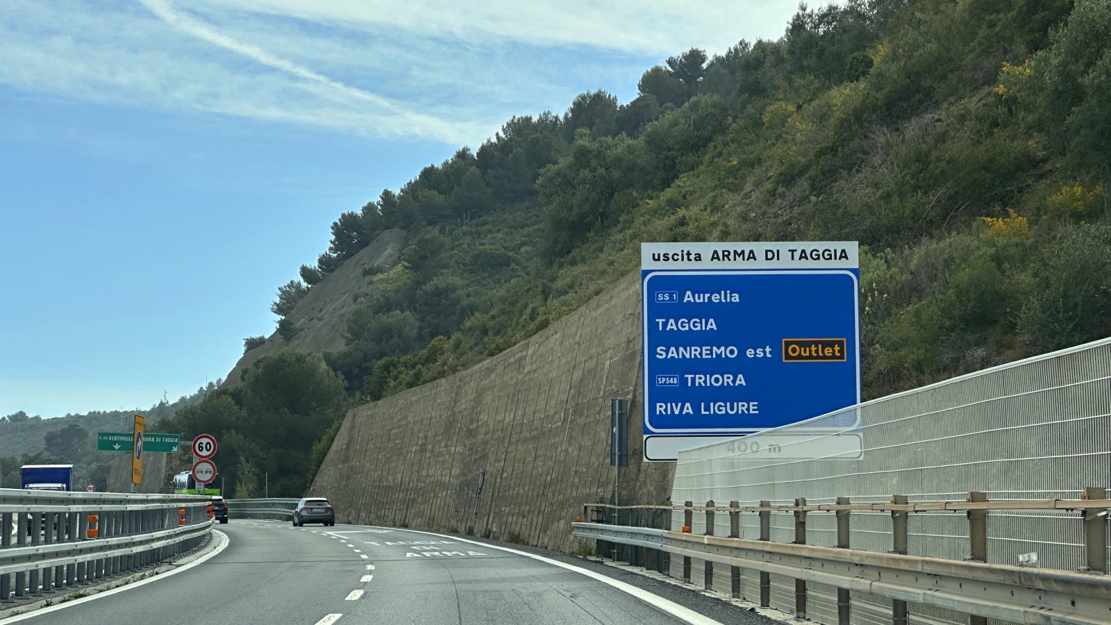 Road from Milan to San Remo (Sanremo) – exit from the E80 motorway to Sanremo via Arma di Taggia