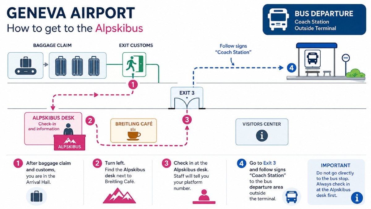Map showing the location of the check-in desk and bus stop at Geneva Airport for a trip to Courchevel