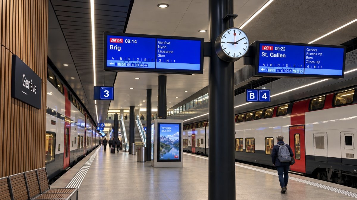 Trains at the railway station at Geneva Airport