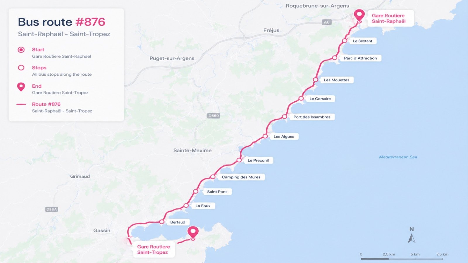 Map of bus route No. 876 from Saint-Raphaël to St Tropez