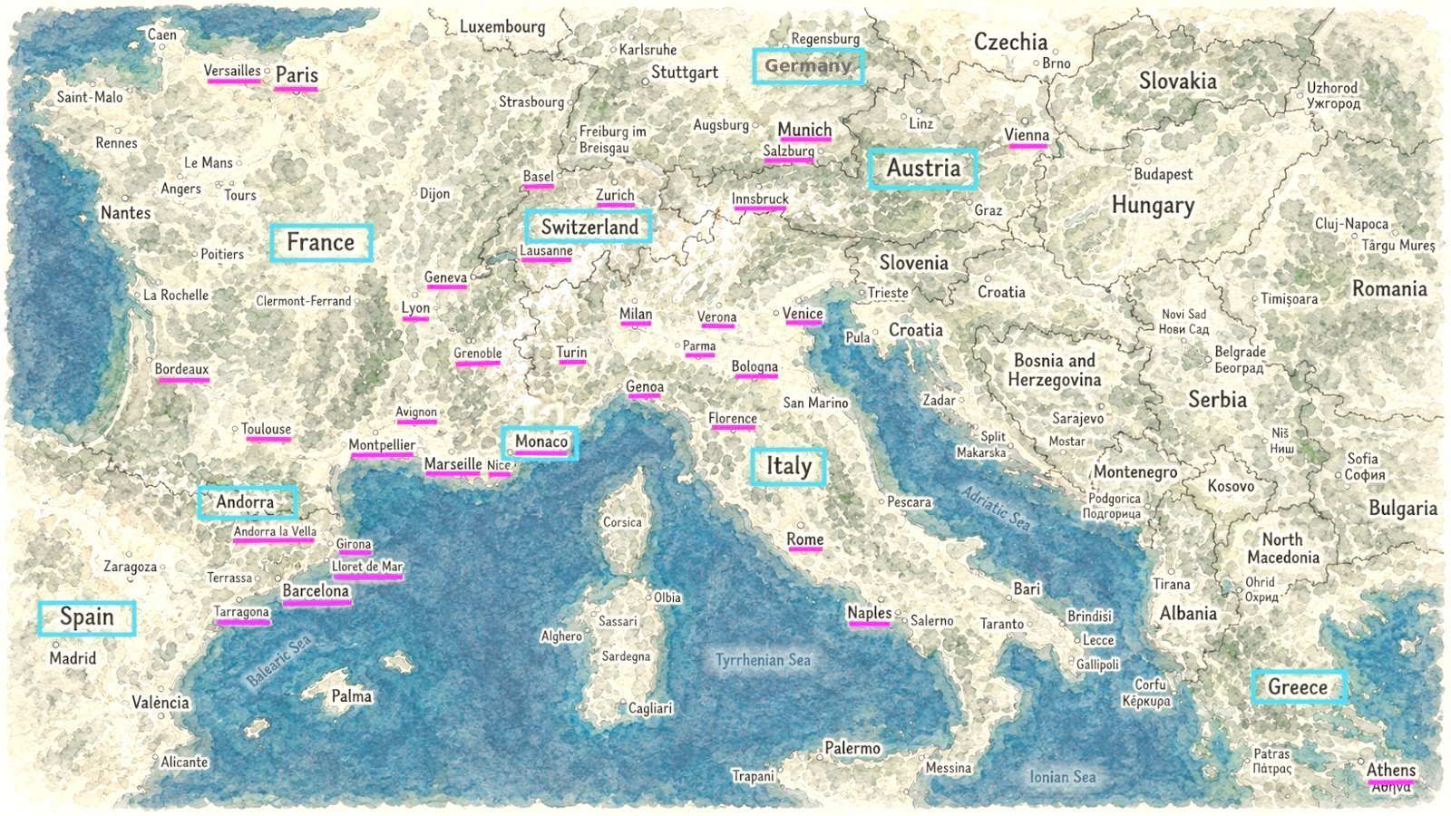 Map of European countries and cities served by ByCar