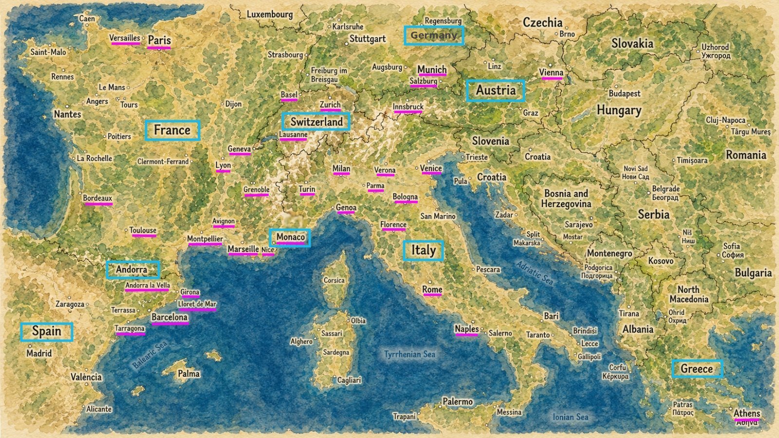 Map of Europe showing countries and cities where ByCar private transfers operate