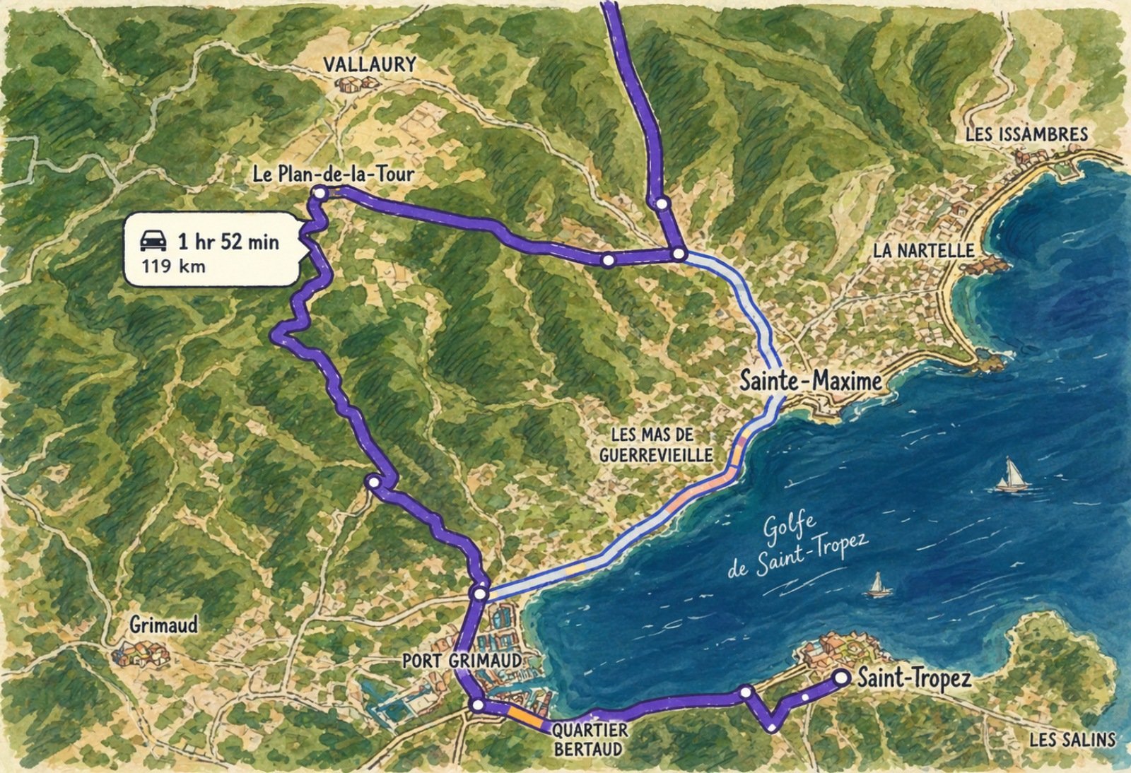 Road map of detour via Le Plan-de-la-Tour (St Tropez to Nice airport)