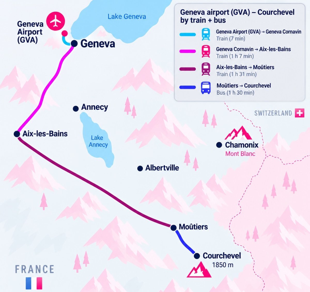 Map of the route from Geneva Airport to Courchevel by train and bus (with transfers in Aix-les-Bains and Moutiers)
