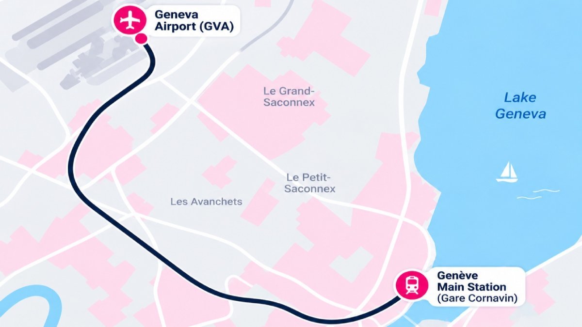 Map of the train route from Geneva Airport to the railway station in Geneva (Genève Cornavin)