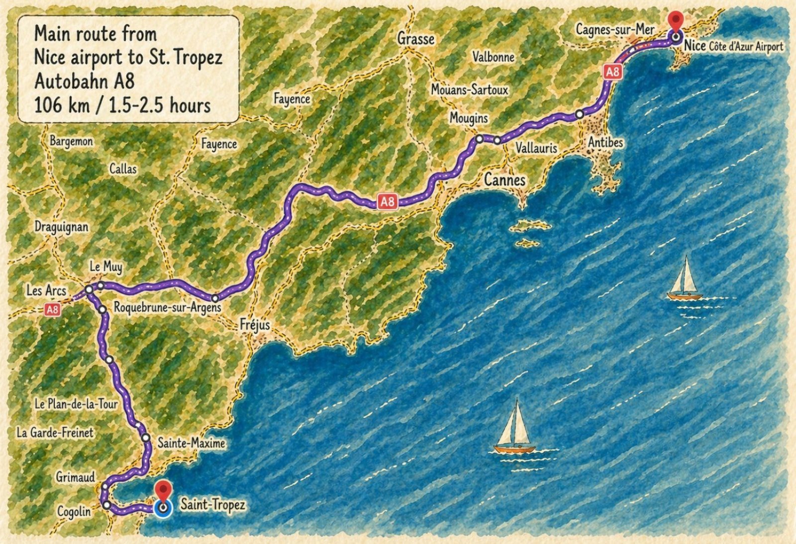 Road map of the main route along the A8 motorway from Nice airport to St Tropez