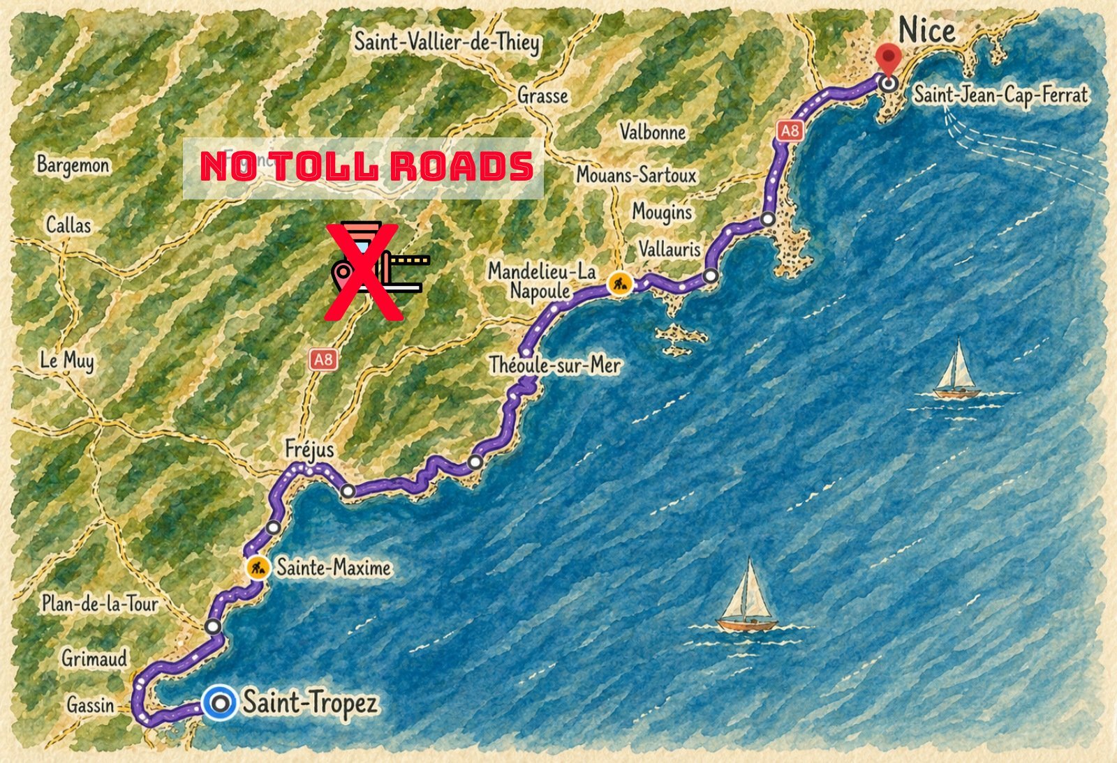 Map of the free road along the sea from Nice to Saint-Tropez without tolls plazas