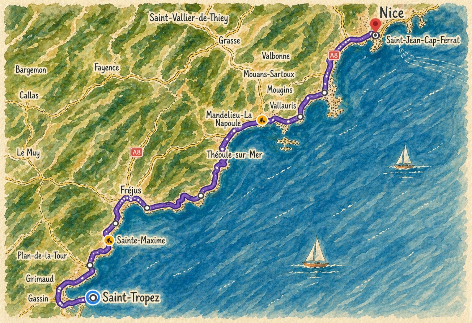 Road map from Nice airport to St Tropez along the seashore
