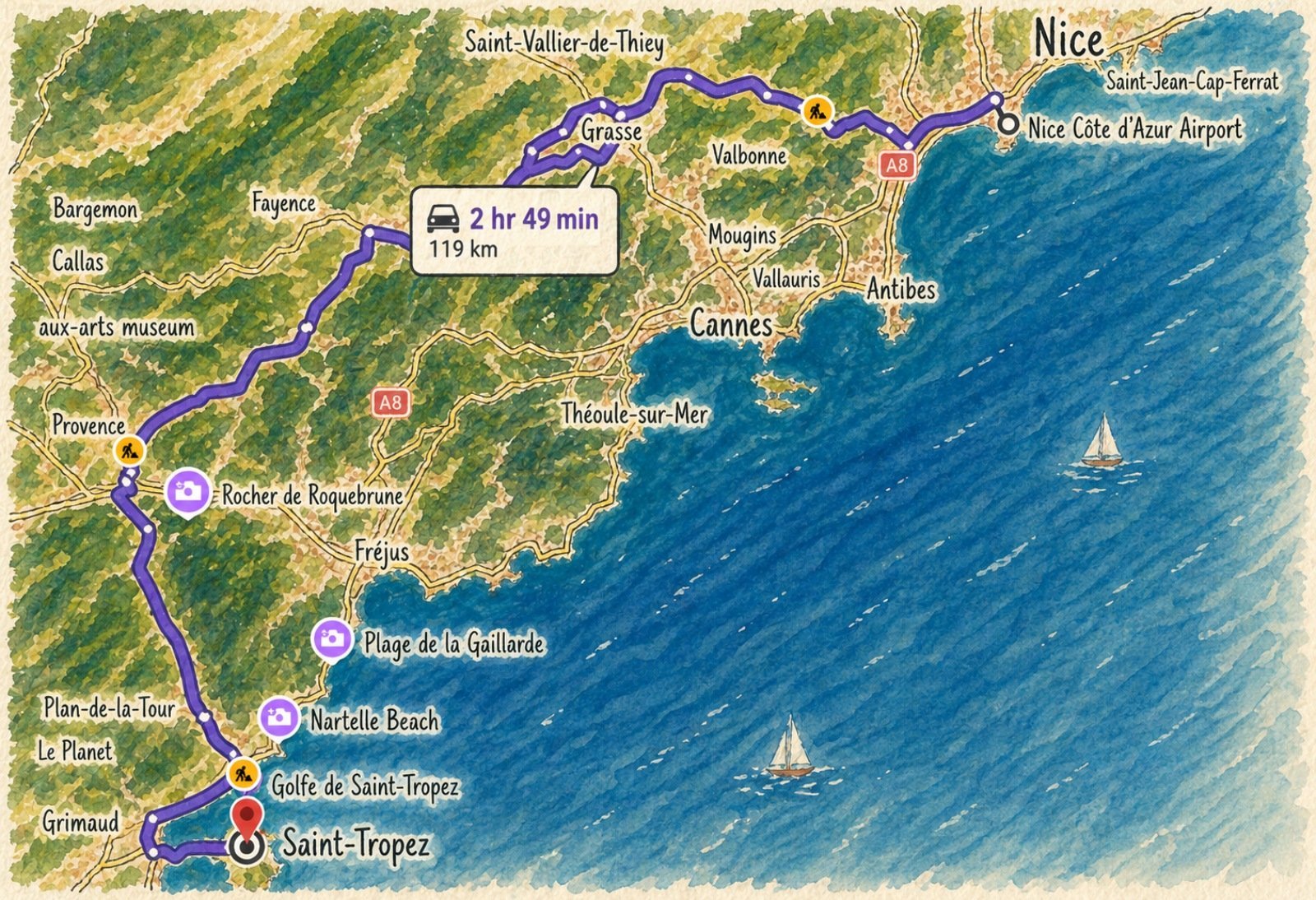 Road map from Nice airport to St Tropez along the serpentine