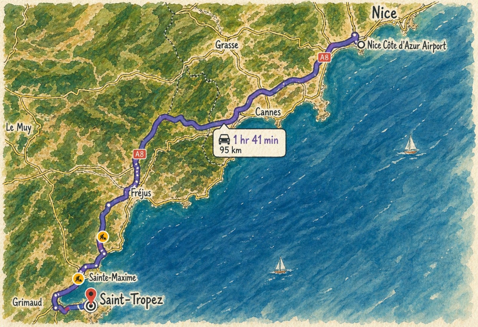 Road map from Nice airport to St Tropez via Frejus