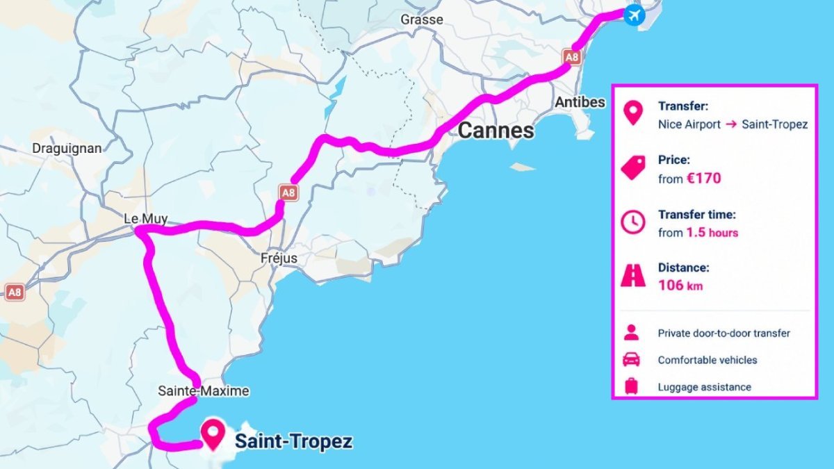 Map of the private transfer route from Nice Airport to Saint-Tropez