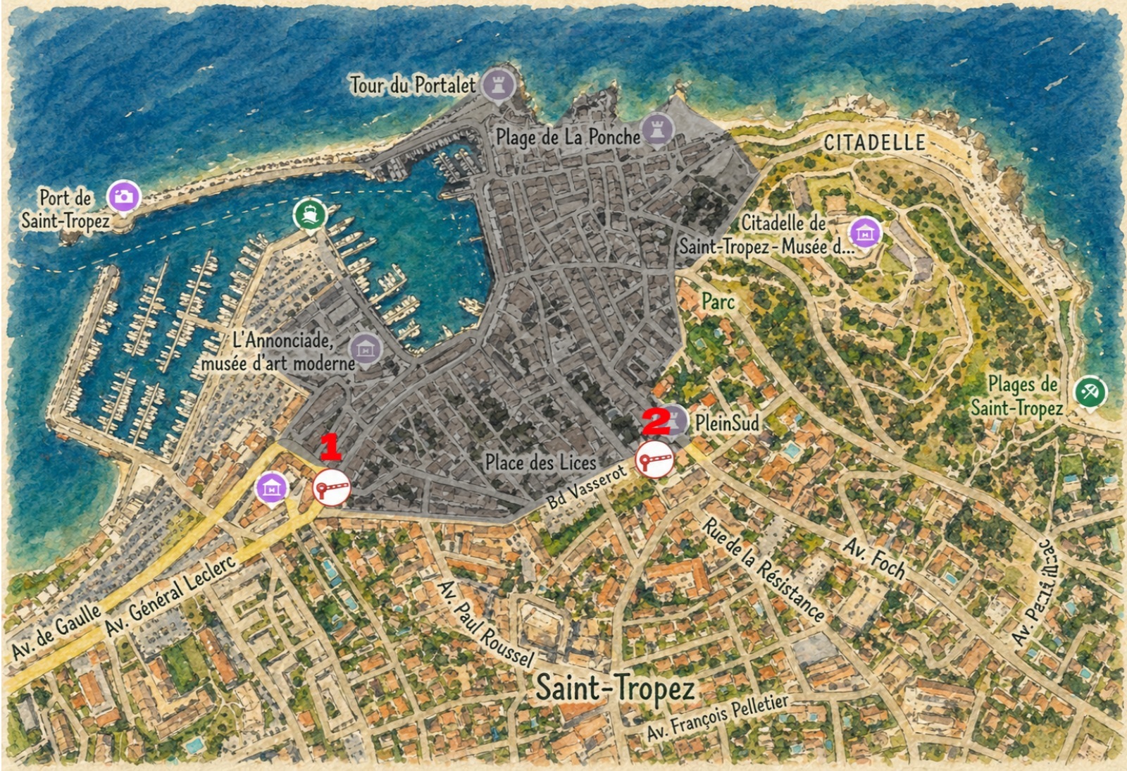 Map of the Saint-Tropez Old Town center (limited vehicle access area)