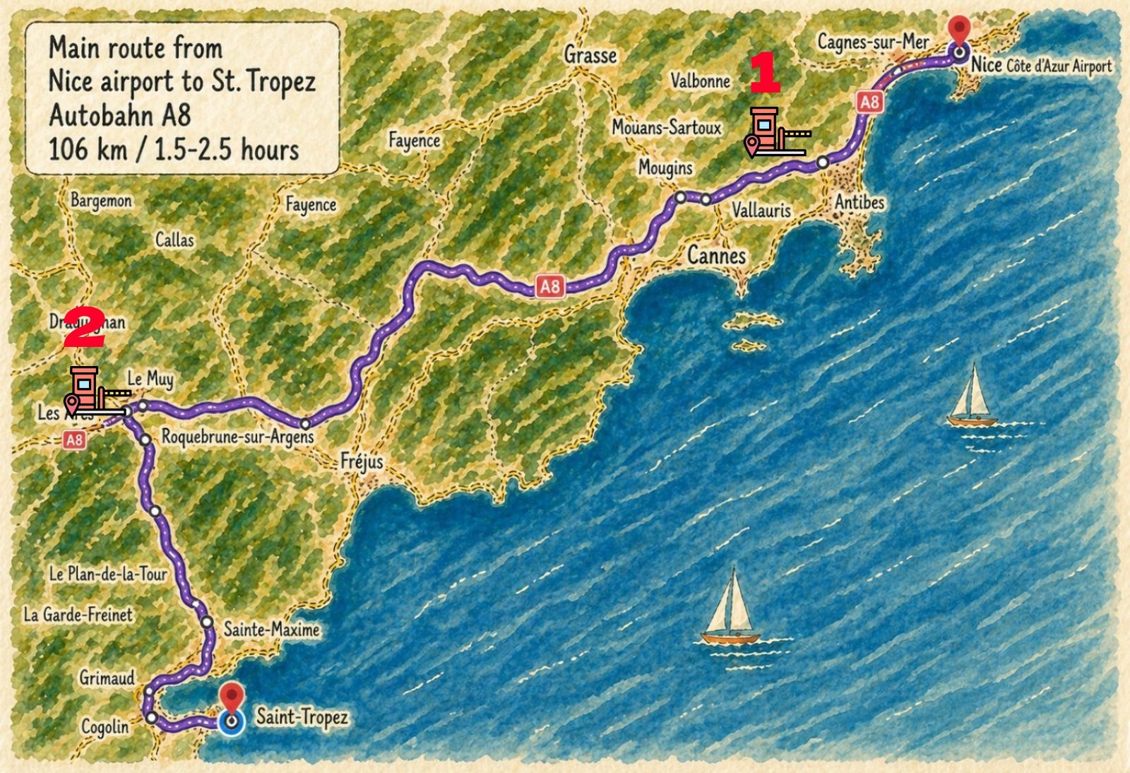 Road map of toll plazas on the A8 motorway from Nice airport to Saint-Tropez