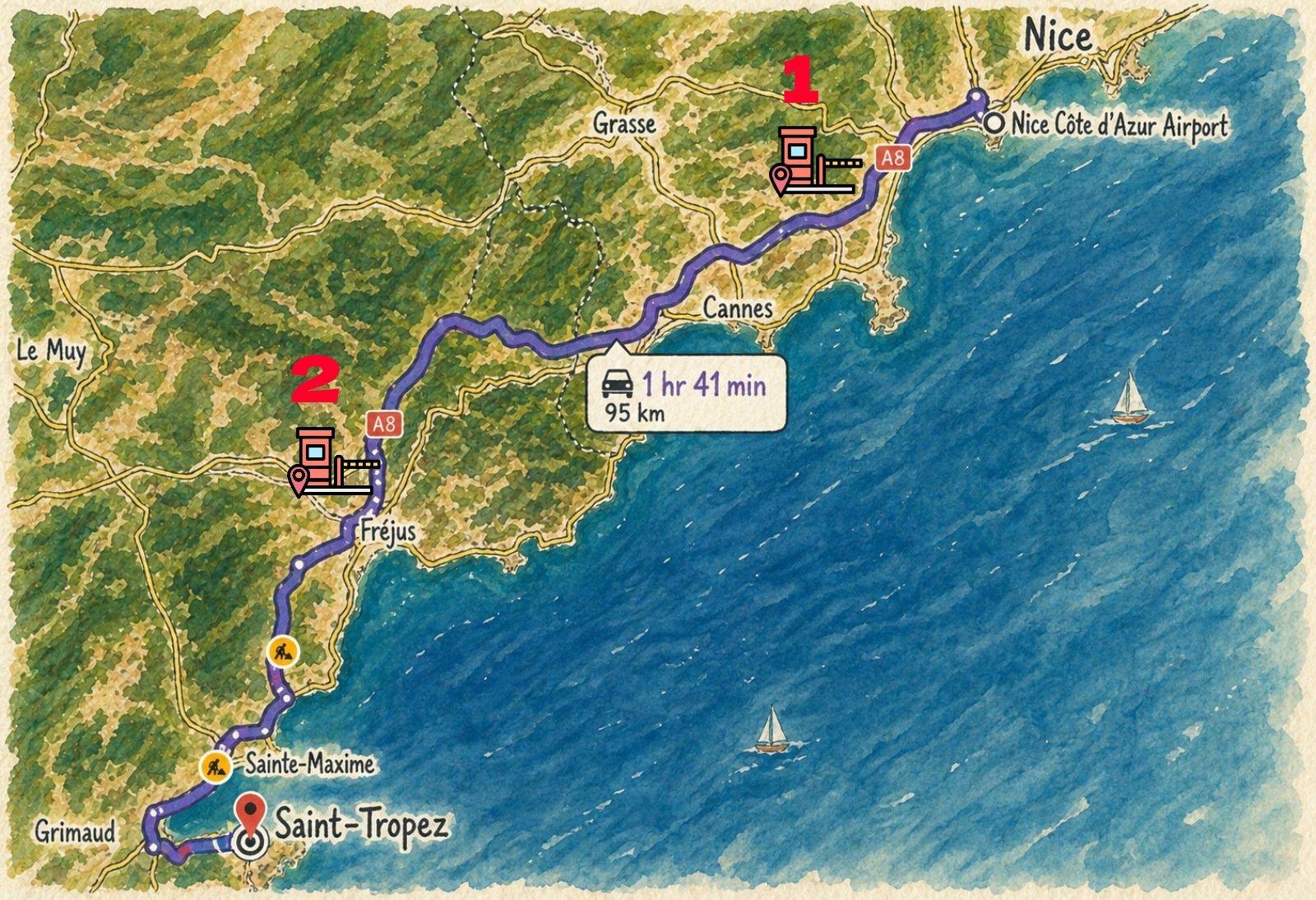 Road map of toll plazas on the A8 motorway from Nice airport to St Tropez via Frejus