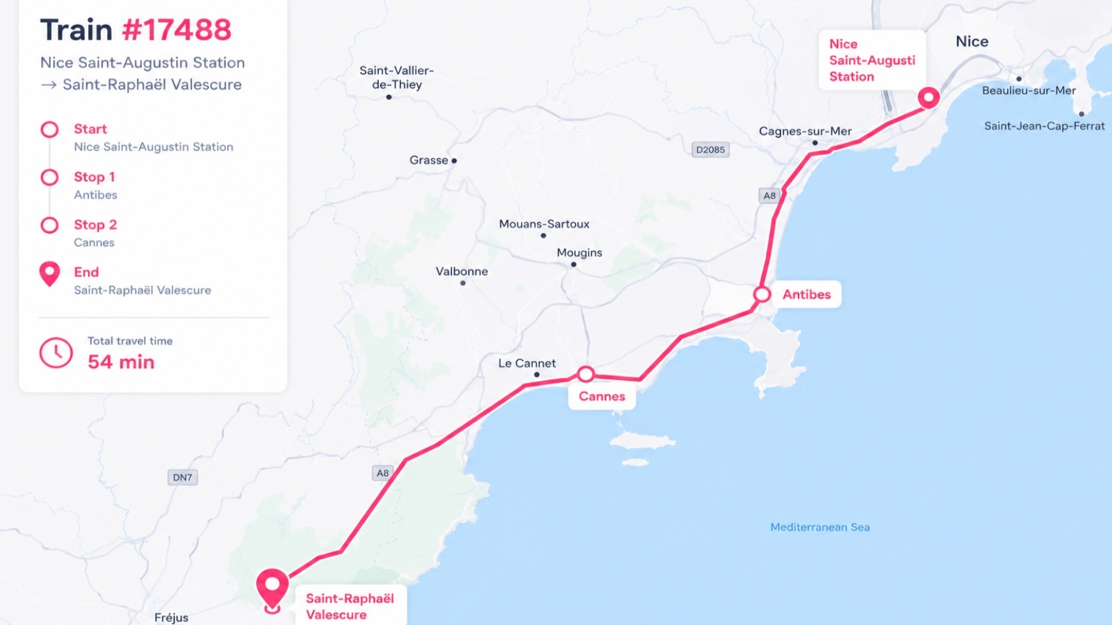 Map of the train route from Nice Saint-Augustin Station to Saint-Raphaël Valescure