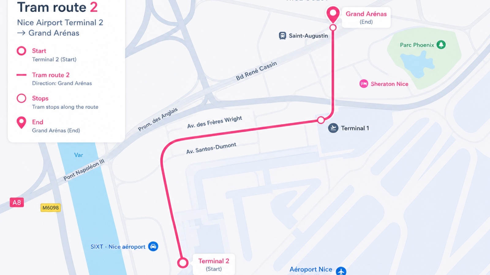 Map of the airport tram route from Nice Airport to Grand Arénas stop