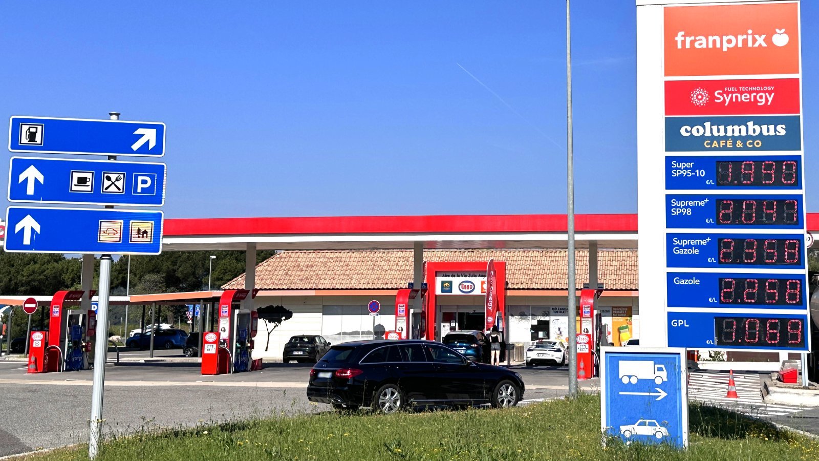Mercedes C-Class car at a petrol station on the A8 motorway on the way from Nice to Saint-Tropez