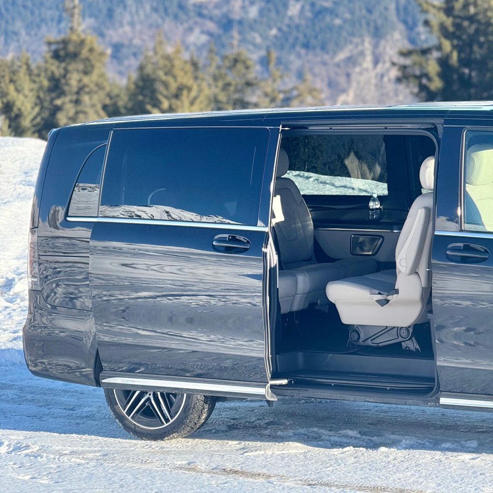 Book a private transfer from Lyon to Courchevel by new Mercedes V-Class with white seats