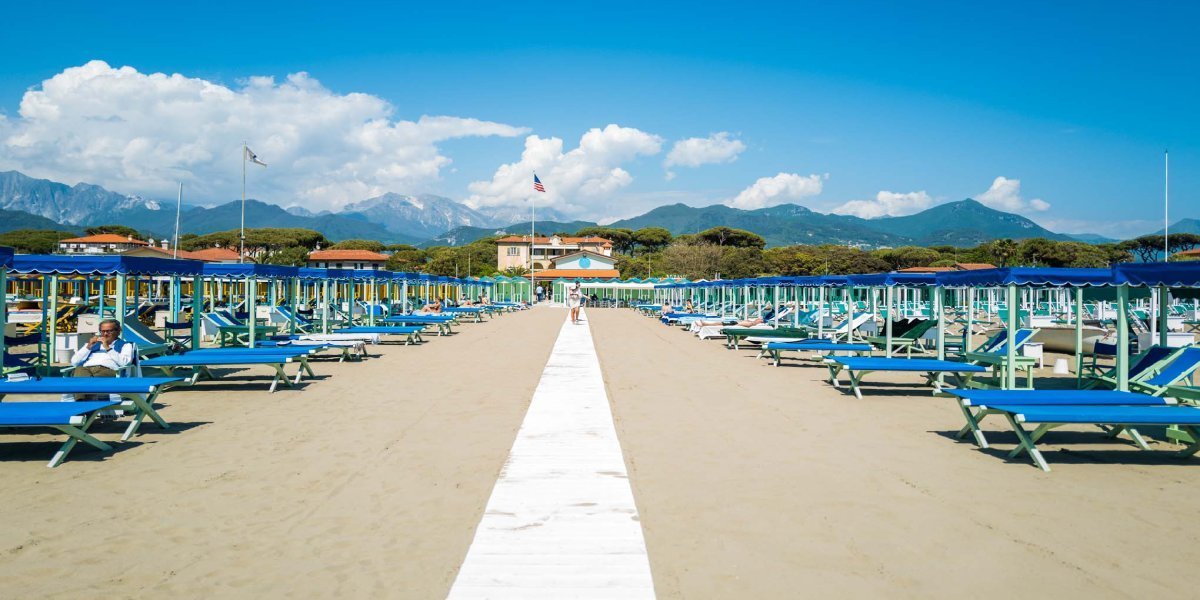 Forte dei Marmi in northern Italy with mountains and waterfront buildings