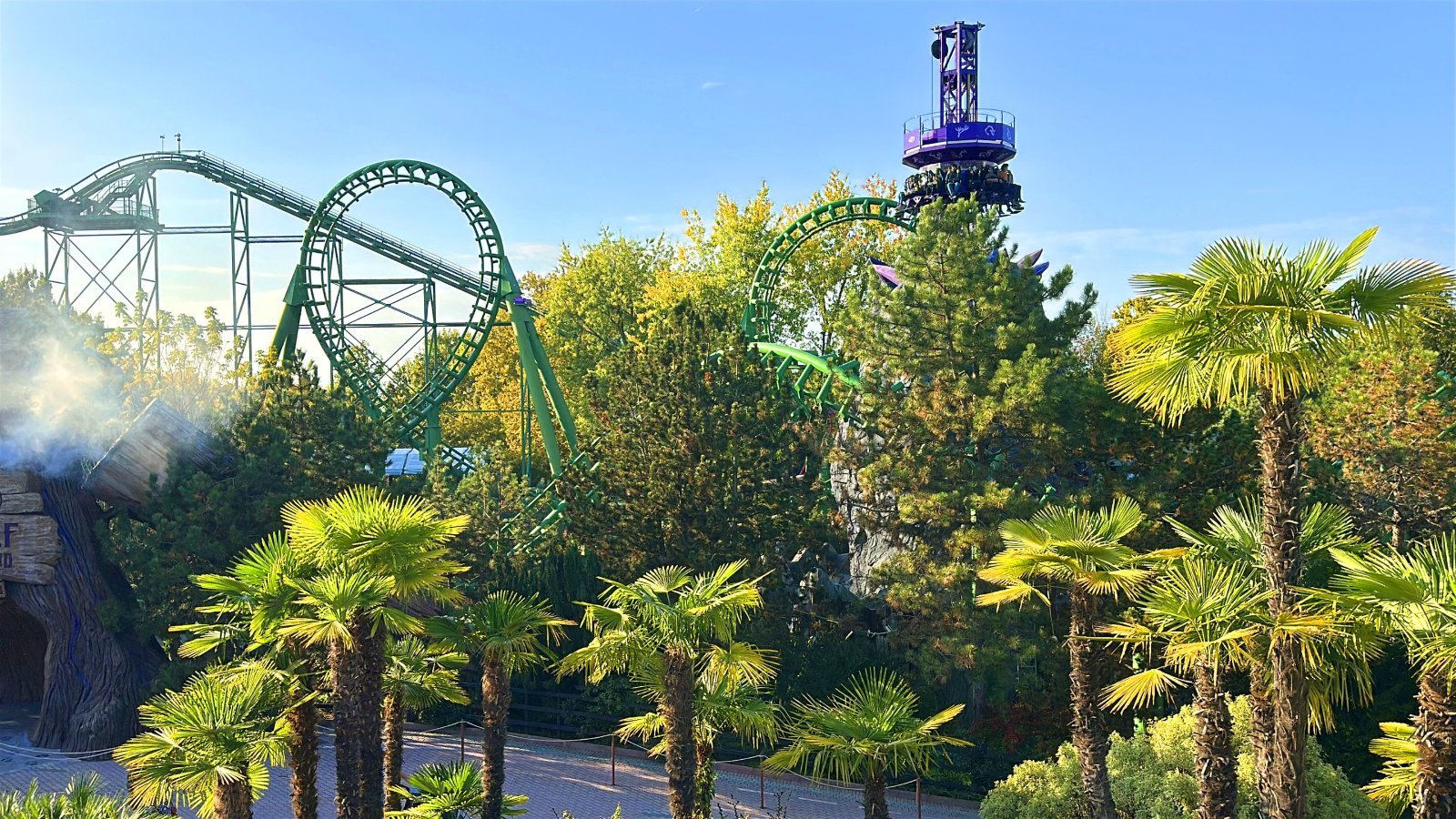 Gardaland in northern Italy with mountains and waterfront buildings