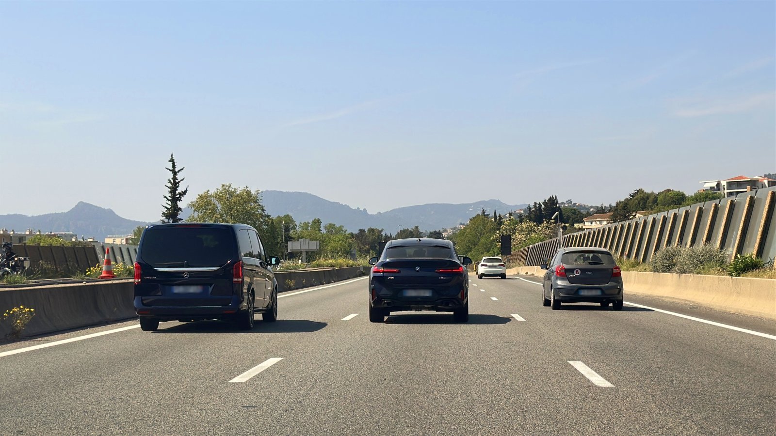 Cars are moving along the A8 motorway - the route from Nice Airport to Saint-Tropez