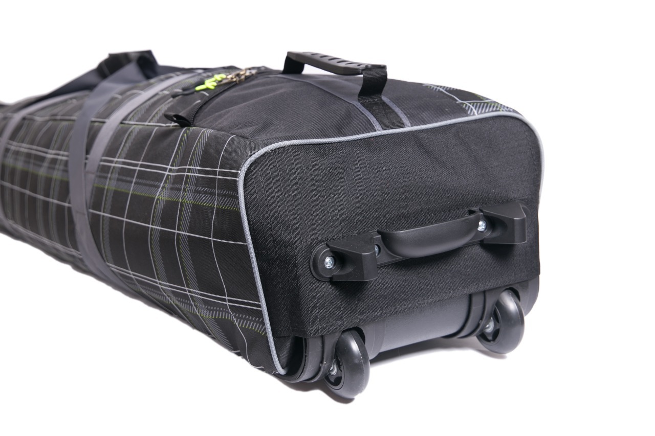 Ski and snowboard bags prepared for a transfer from Geneva Airport to Courchevel