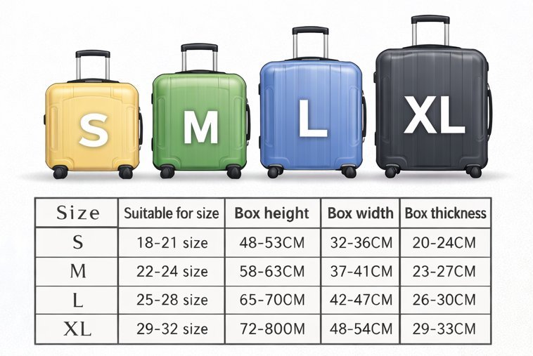 Suitcase size chart showing carry-on and checked luggage dimensions
