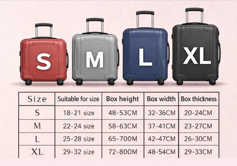 Suitcase size chart showing carry-on and checked luggage dimensions