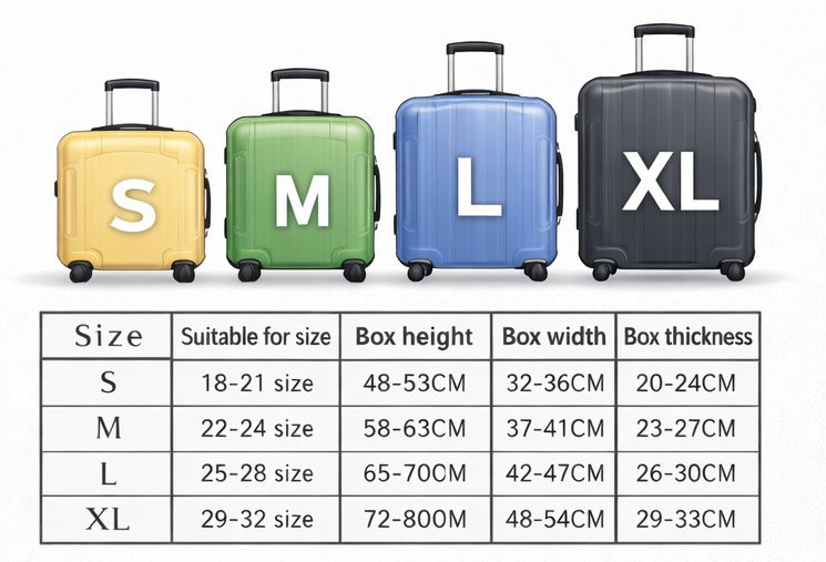 Suitcase size chart showing carry-on and checked luggage dimensions