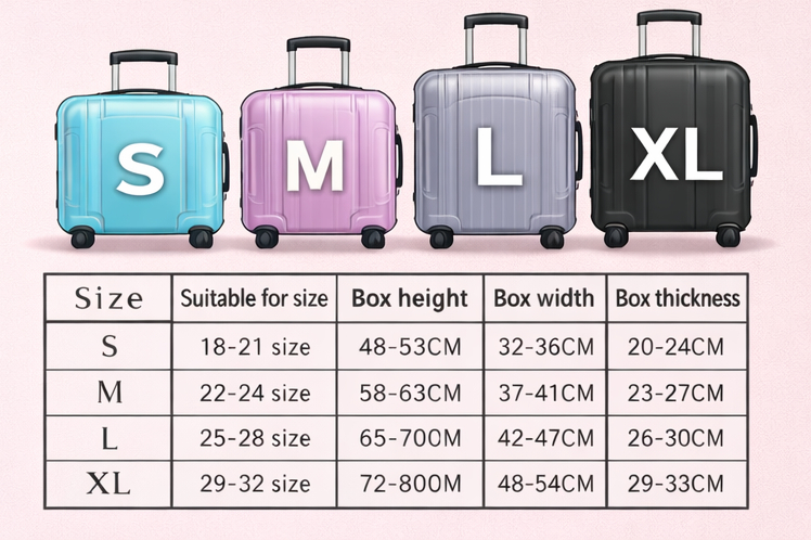 Suitcase size chart showing carry-on and checked luggage dimensions