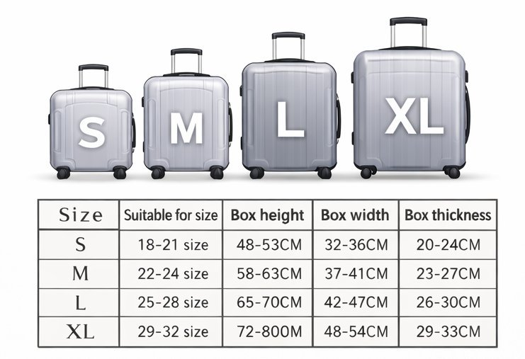Suitcase size chart showing carry-on and checked luggage dimensions
