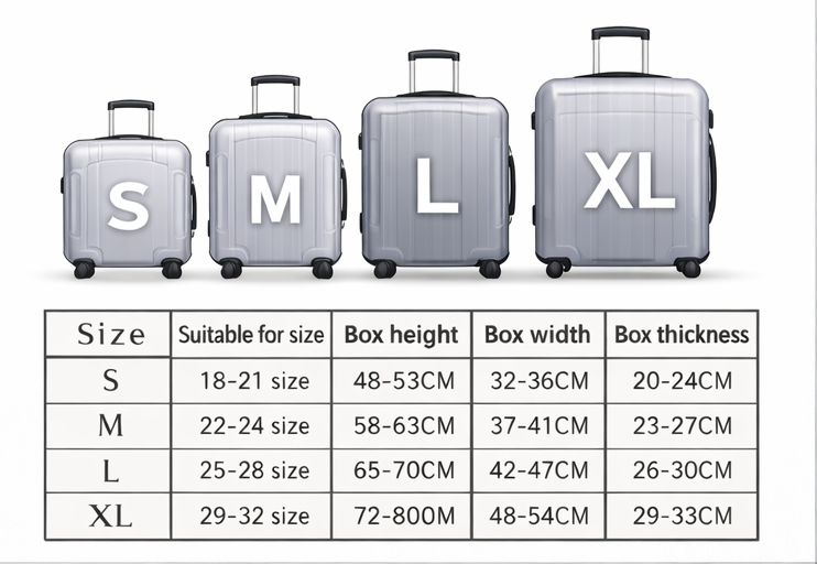 Suitcase size chart showing carry-on and checked luggage dimensions
