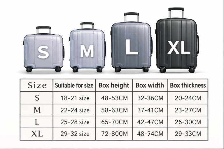 Suitcase size chart showing carry-on and checked luggage dimensions