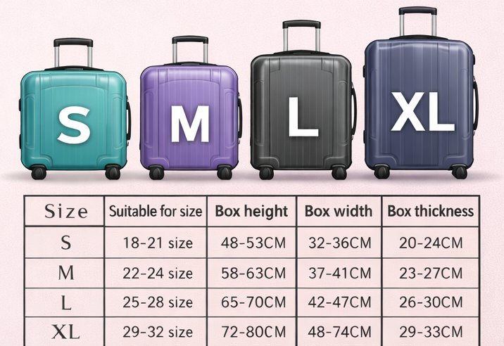 Suitcase size chart showing carry-on and checked luggage dimensions