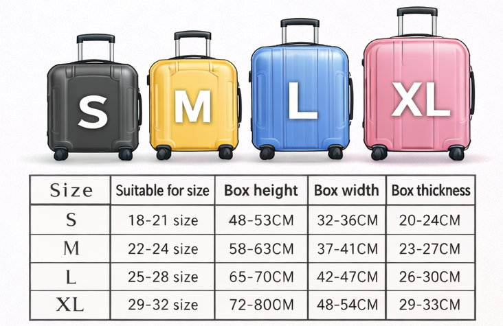 Suitcase size chart showing carry-on and checked luggage dimensions
