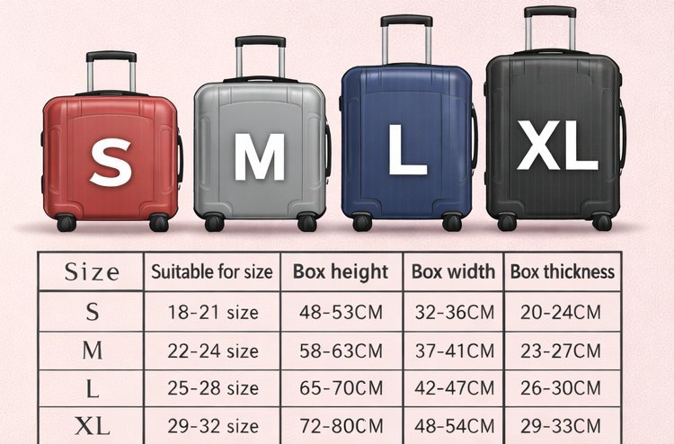 Suitcase size chart showing carry-on and checked luggage dimensions