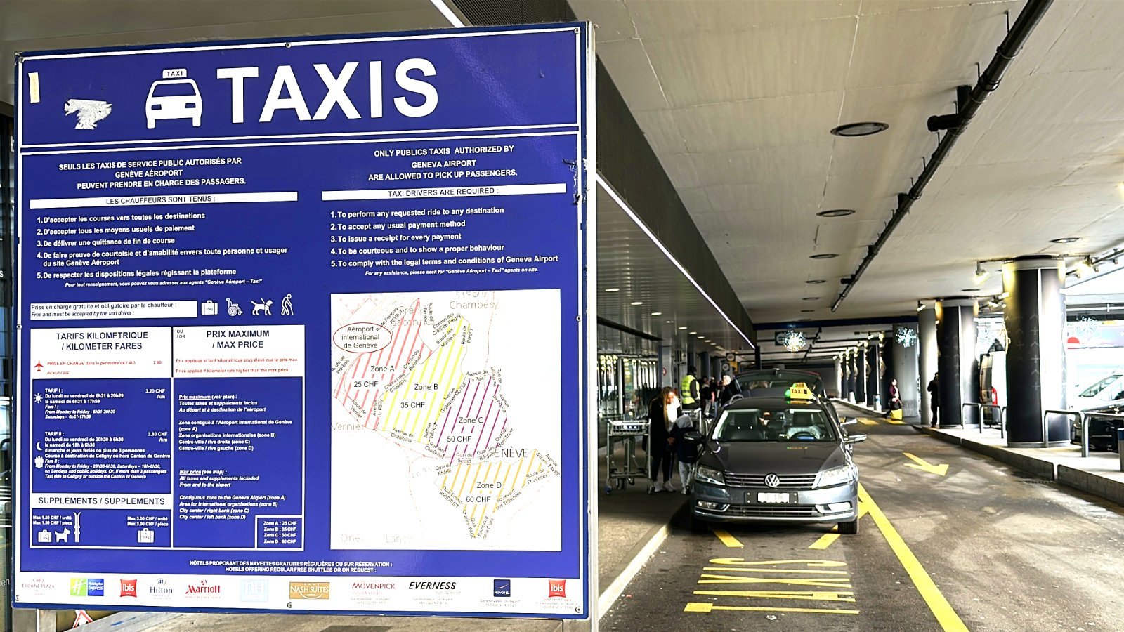 Taxi price information board at Geneva Airport showing fares to Alpine destinations including Courchevel