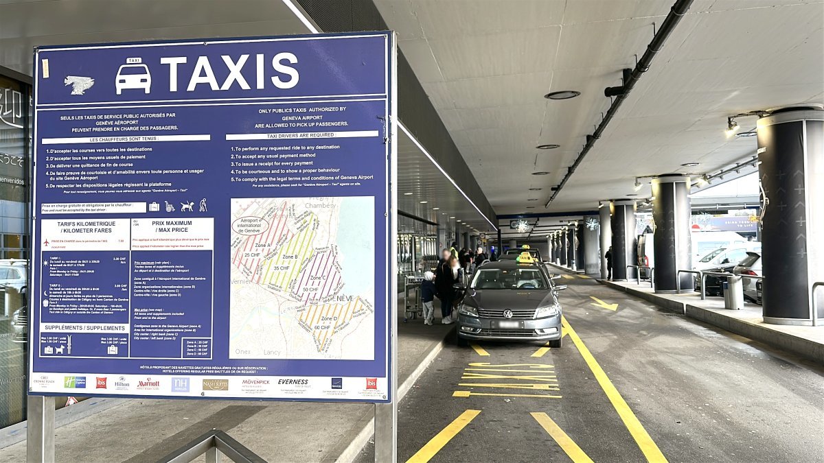 Official taxis waiting for passengers to take them from Geneva airport to Morges