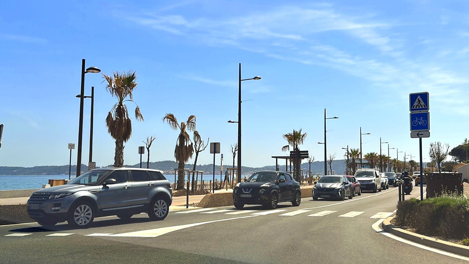 Traffic jams on the road along seashore from Nice airport to St Tropez