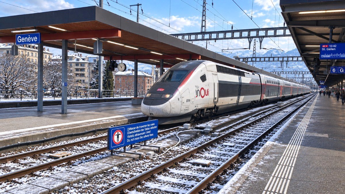 Train at the railway station in Geneva (Genève Cornavin) is going to Aix-les-Bains