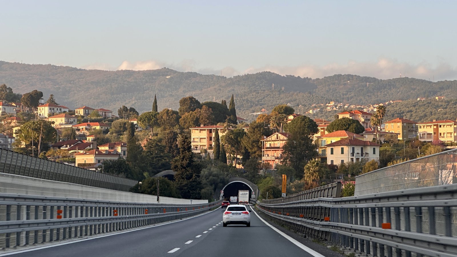 Mercedes driving from Milan to San Remo (Sanremo) on highway