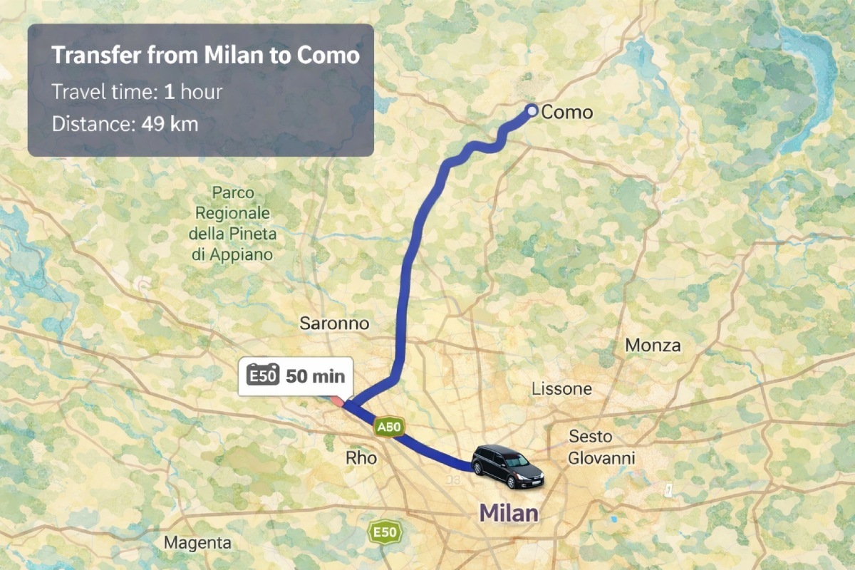 Travel time and distance for a private transfer from Milan to Como by car