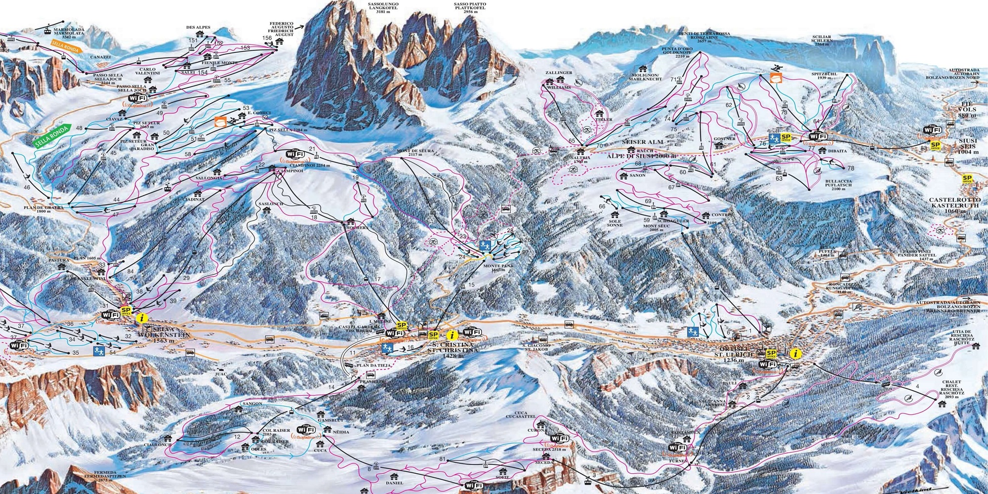 Схема трасс в Ортизеи (Ski map Ortisei)